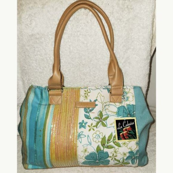 LA CABAÑA NWT X-LARGE, SEAFORM GREEN &TAN SHOULDER HANDBAG, SLIVER TONE HARDWAER - Picture 7 of 8